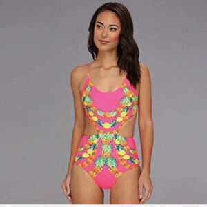 Mara Hoffman Pineapple Garland monokini swimsuit lace up hot pink
